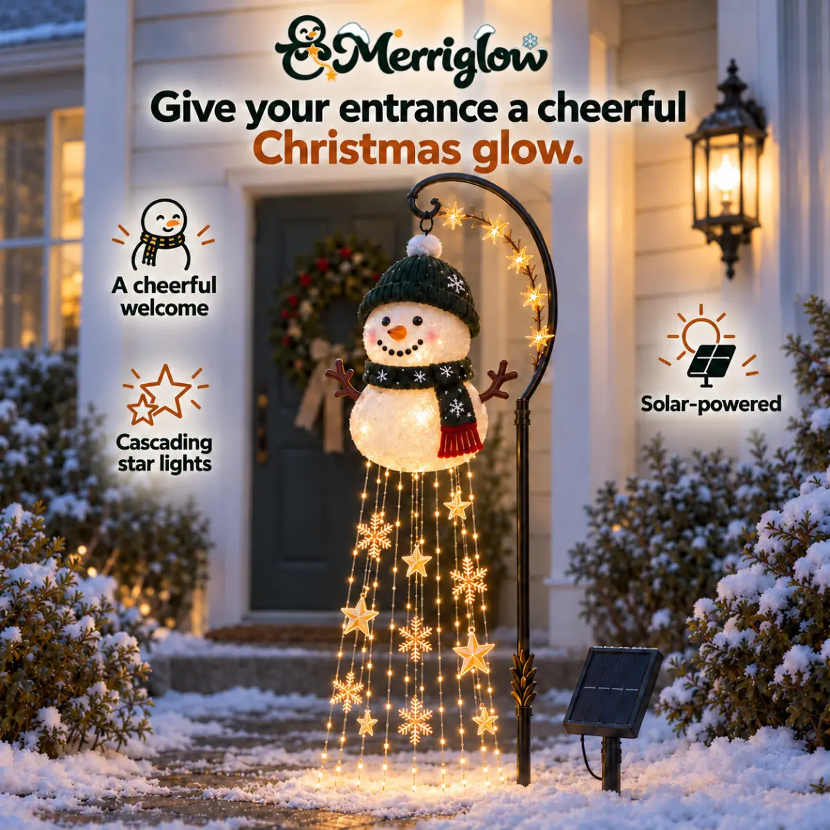 Merriglow snowman light glowing beside a Christmas-decorated entrance