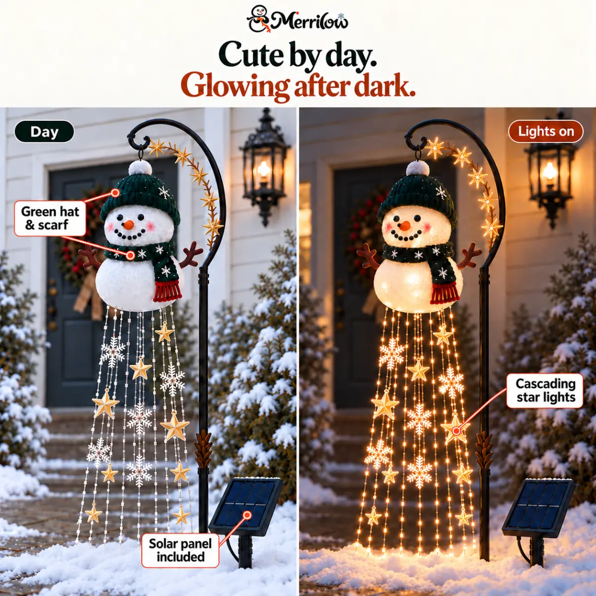 Merriglow snowman light glowing in a snowy garden